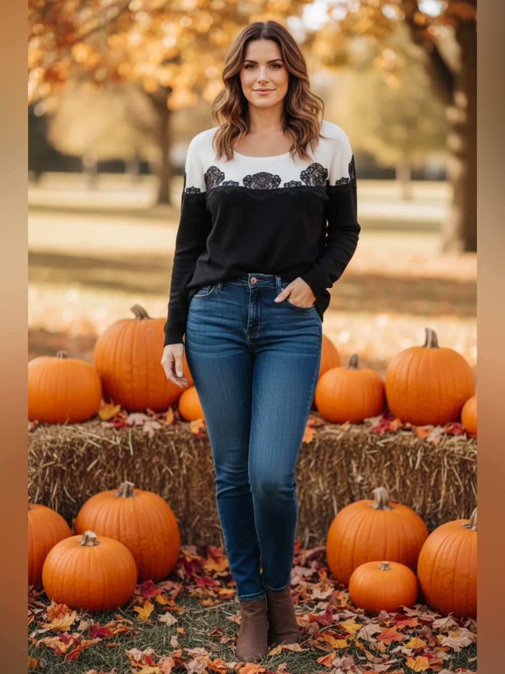 Vince Camuto Black and White Lace-Trim Knit Sweater